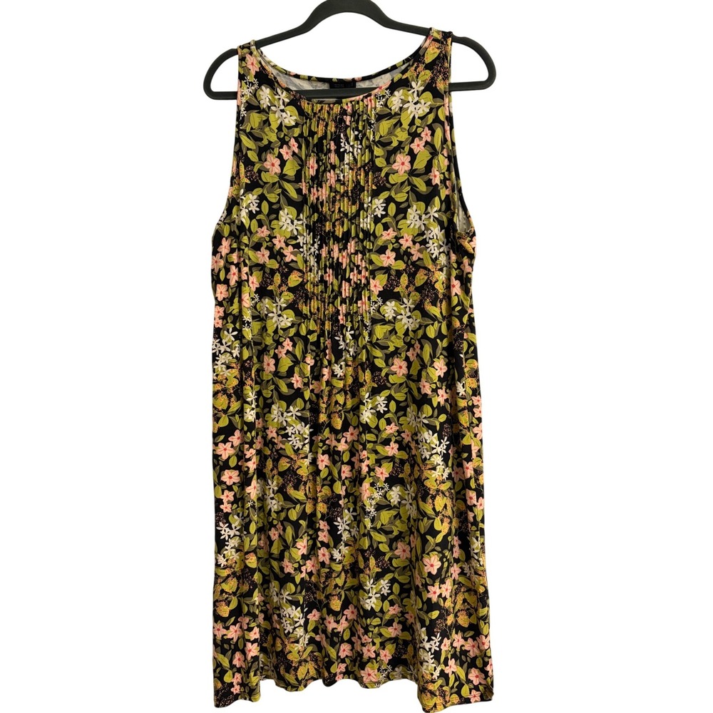 J. Jill Wearever Floral Pintuck Sleeveless Shift Dress Black Pink Green Large